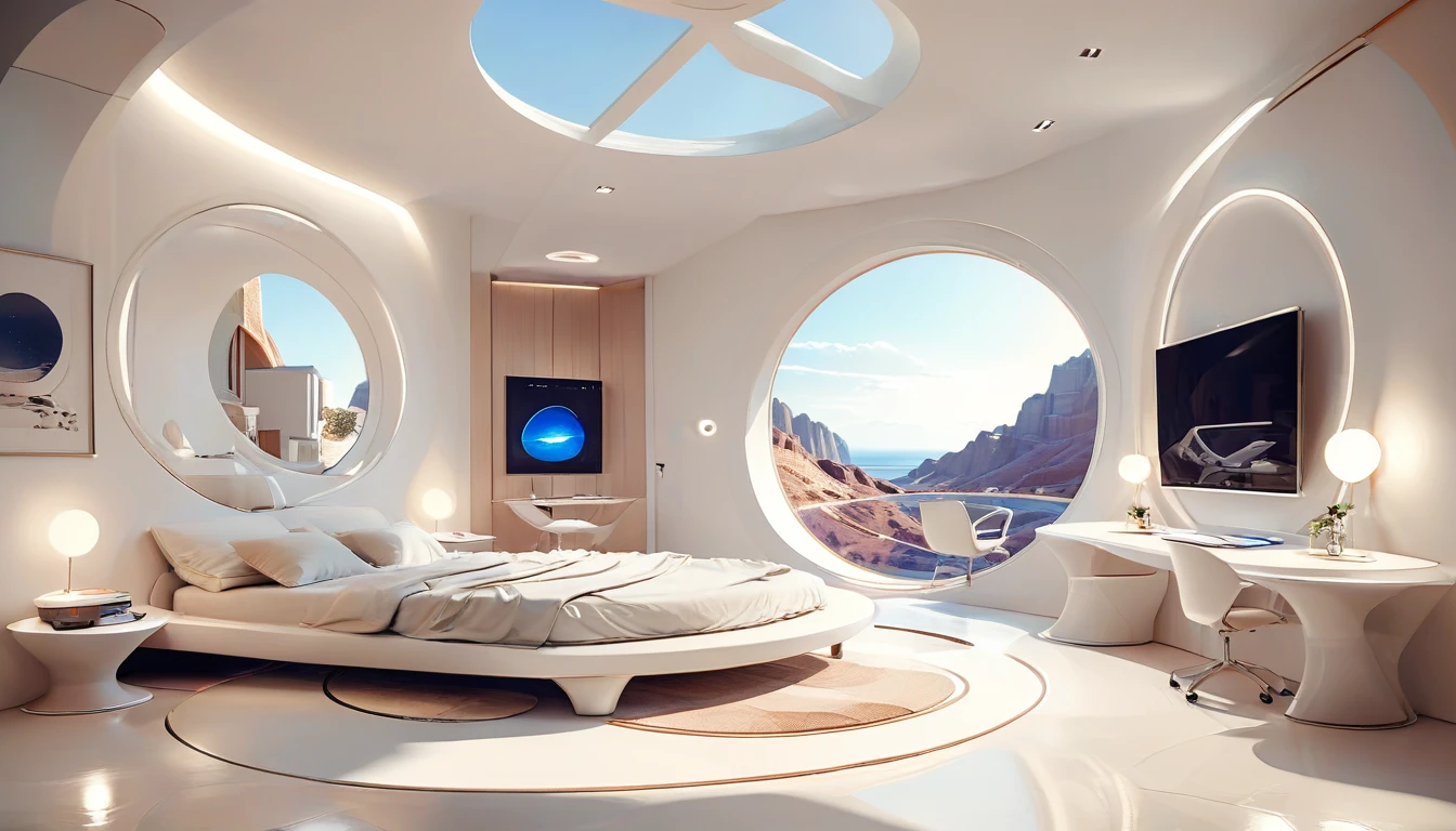 Futuristic residential bedroom study concept incorporates organic fluidity、Circles and geometric shapes，Use your artistic imagination to draw houses and landscapes, Pure white technology style，Wide々A spacious interior，Ultra-exquisite details，4K quality rendering，True light and shadow