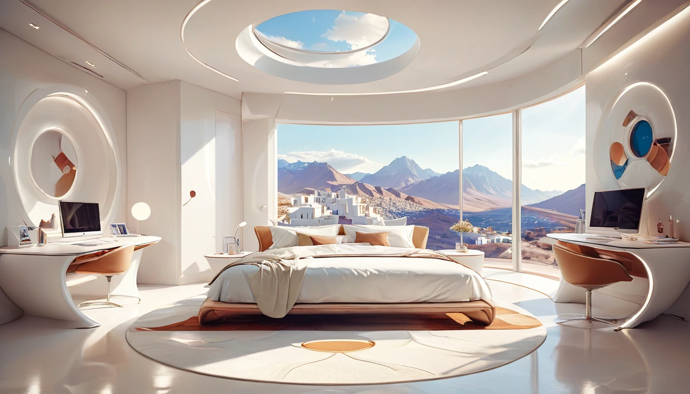 Futuristic residential bedroom study concept incorporates organic fluidity、Circles and geometric shapes，Use your artistic imagination to draw houses and landscapes, Pure white technology style，Wide々A spacious interior，Ultra-exquisite details，4K quality rendering，True light and shadow