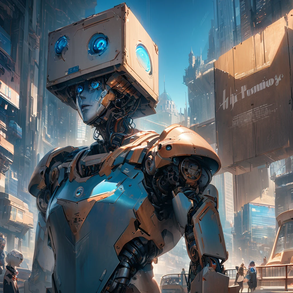 A charming hyperrealistic illustration of a robot with a friendly, human-like face. It's holding a cardboard sign that says 'Hi Tommo' The robot has a sleek, metallic exterior with a hint of wear and tear, and its eyes are a warm, inviting shade of blue. The background showcases a city skyline, with a mix of futuristic and vintage architecture. A sense of whimsy and curiosity fills the scene.