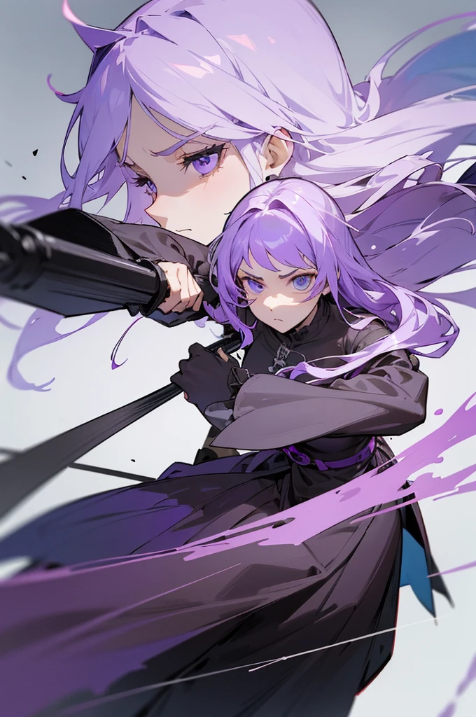 (Beautiful girl,Royal Knights),Light purple hair、Long Hair、Portrait of a noble knight,Speed Line,Combat Stance,Wield a huge weapon,Expressionless,Faint-hearted face、the below described,magma,Big Grim Reaper Scythe、Stocky body、Shoulders out、White background、Fullbody