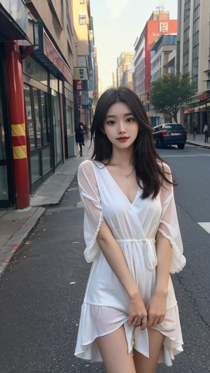 best qualtiy, Full body like，Refined face，pretty  face，25 years old woman，slimfigure，Smaller bust，office lady uniform，Office wear，Lace top，short white pants，streetview，Sit Pose