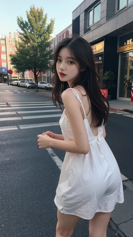 1 Girl,On the Street,Soft Light,Chinese Beauty,dress,Dark-haired,long hair