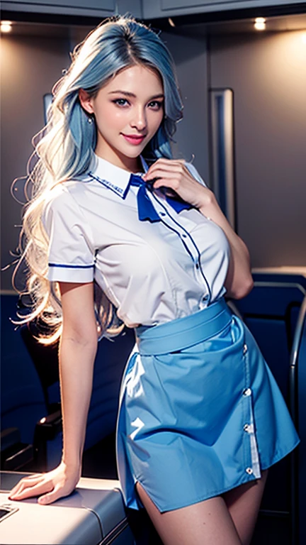 Light clothing、Formal Wear、Actual photo、Reality Photography、blue eyes、blonde、Full body photo、(Look to the side),(Side Shot),Sexy Face、Straight Long Hair_Hair reaching down to the waist、 Complete look、(((masterpiece)))、(Perfect breasts),((Highest quality))、((超Realistic))、Mature Woman、Mature Woman、perspective、Very detailed、The perfect temptation、Best image quality、Fine-grained image quality、beautiful、Smiling with white teeth、blue eyes、jewelry, blue eyes, Realistic, High resolution, Glowing Skin, (Detailed face),jewelry, , night, Blue Hair,blonde, Wavy Hair,attractive appearance, A perfect smile,(stewardess),Cabin attendant,Tight mini skirt,White short sleeve shirt,,Inside the plane,