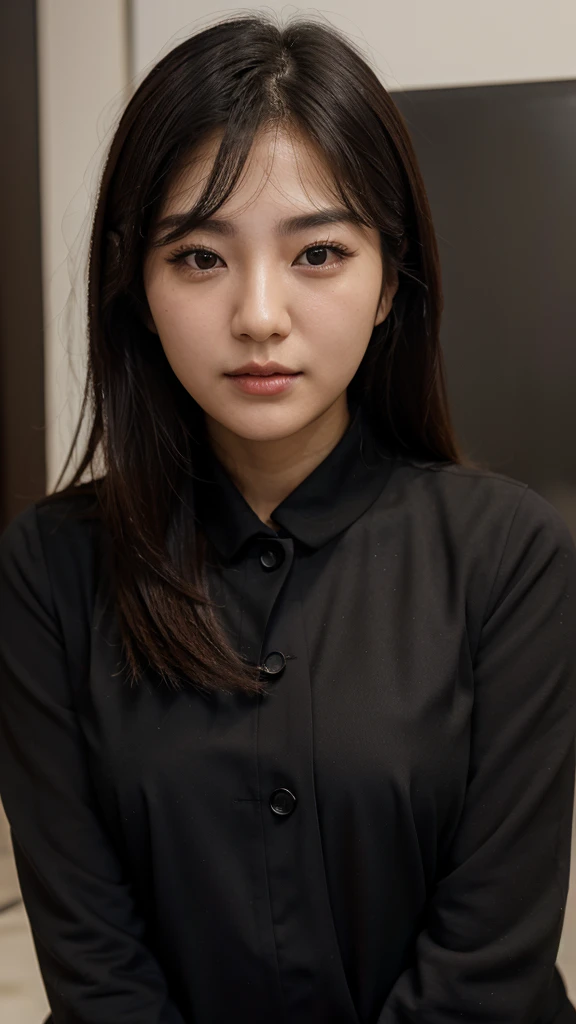 beautiful girl face, face forward, korean eyes with arab fed face, black suit,