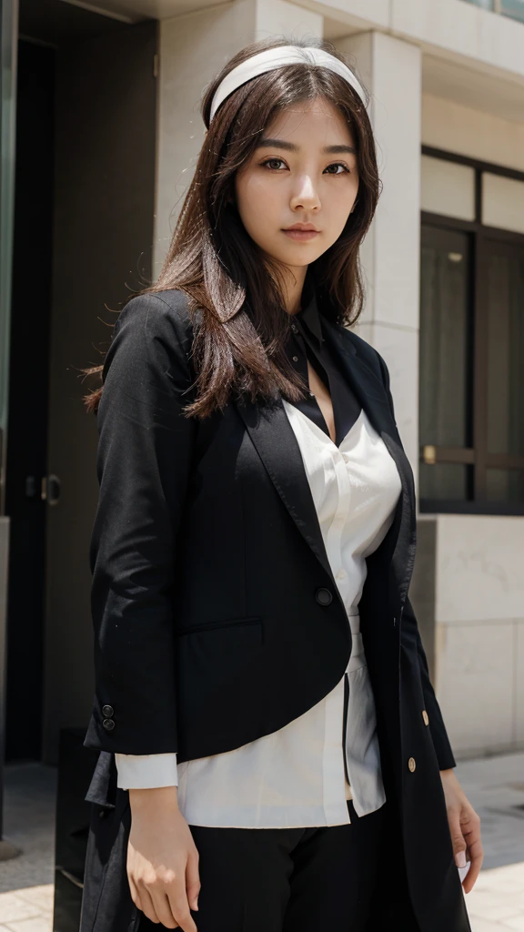 beautiful girl face, face forward, korean eyes with arab fed face, black suit, 