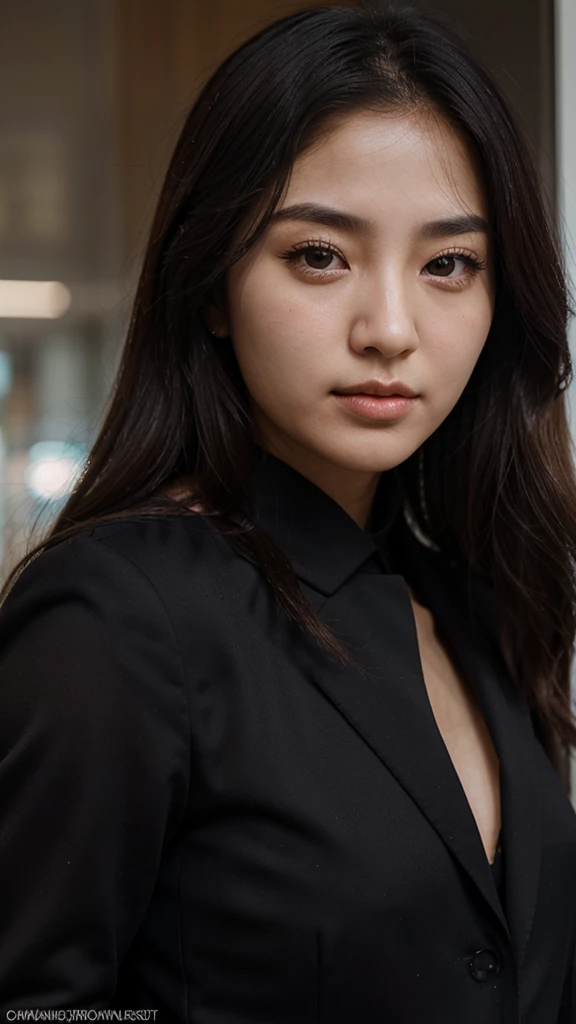 beautiful girl face, face forward, korean eyes with arab fed face, black suit, 