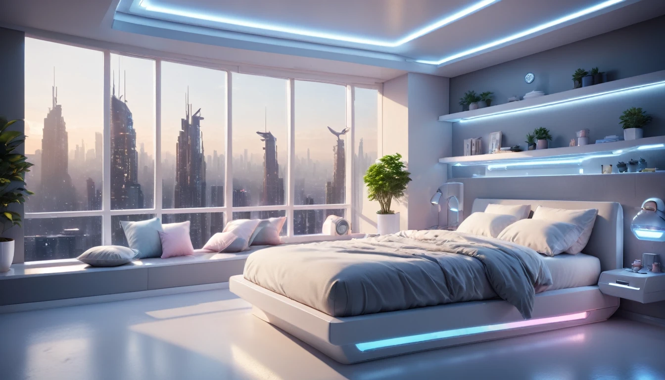 There is one glass wall.、Overlooking the high-tech, high-rise city、Science High Tech Bedroom Interior Design, Shelves lined with books, Floating Nightstand, Windowsill with pillows, Plant Couple, Inside the Penthouse, Pastel and grey color palette, (Spaceship Style), Soft diffused light in the early morning, Ultra-wide shot, Cinematic, exquisite composition and lighting, Minimal, Exquisitely crafted, Rich Shadows, 3D Rendering, Highest quality, 最High resolution, 8K Ultra HD, High resolution, 35mm