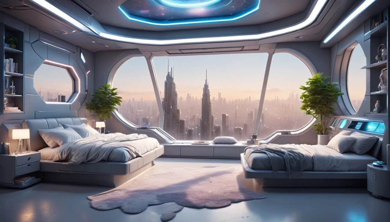 There is one glass wall.、Overlooking the high-tech, high-rise city、Science High Tech Bedroom Interior Design, Shelves lined with books, Floating Nightstand, Windowsill with pillows, Plant Couple, Inside the Penthouse, Pastel and grey color palette, (Spaceship Style), Soft diffused light in the early morning, Ultra-wide shot, Cinematic, exquisite composition and lighting, Minimal, Exquisitely crafted, Rich Shadows, 3D Rendering, Highest quality, 最High resolution, 8K Ultra HD, High resolution, 35mm