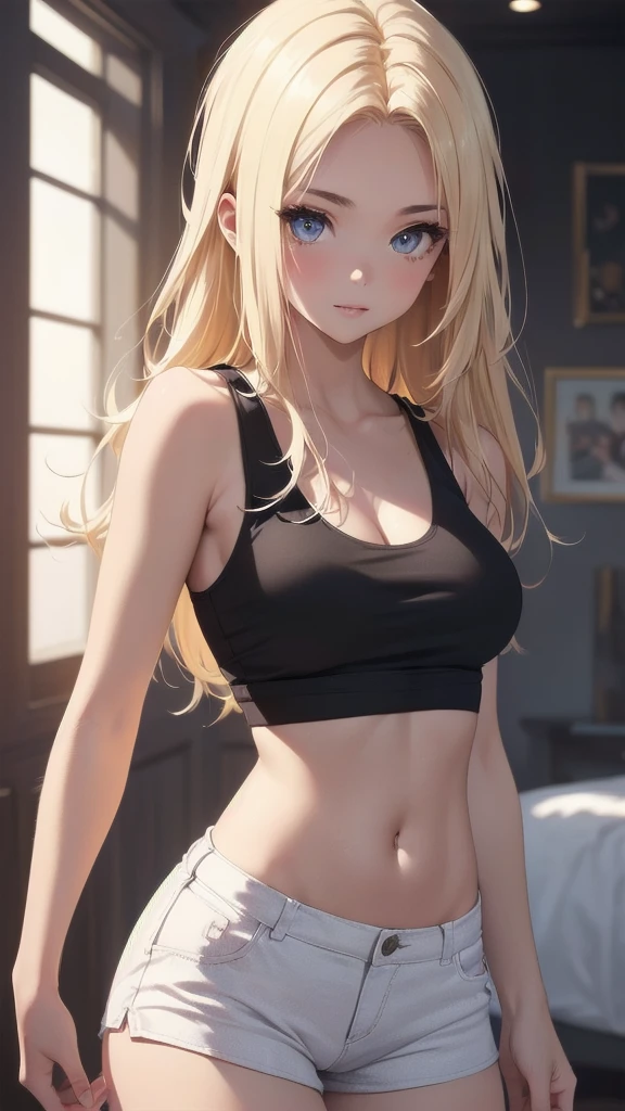 nsfw:1.5, Top quality, masterpiece, ultra high resolution, , (top quality, high resolution, 4K, detailed lighting, shaders, perfect anatomy, perfect proportions), eye of the beholder, (masterpiece, top quality) (top quality, 4K, 8K, high resolution, masterpiece: 1.2), highly detailed, (masterpiece: 1.3, top quality, ultra high resolution, ultra detailed), (top quality: 1.2), perfect eyes, perfect face, (top quality, 4K, 8K, high resolution, masterpiece: 1.2), highly detailed, (top quality, 4K, 8K, high resolution, masterpiece: 1.5), highly detailed, masterpiece, top quality, ultra detailed, top quality, high resolution, 32K CG, very delicate and beautiful, illustration, high resolution, sharp focus, girl 1 person, very beautiful and detailed anime face, very detailed eyes, ((masterpiece)), ((best quality)), (super detailed), ((cute)), cute, ((very detailed)), 4K, (8K), best quality, (best quality, 8K, 32k, masterpiece, super high resolution, very detailed, impressionistic:1.2), blurred background, (two arms) , (two legs), (four fingers and 1 thumb) , only one belly button, Bare shoulders.
((American girl)), (Around 20 years old), (Profile: 0.5), ((Beautiful)), ((Blonde)), ((Semi-long straight hair)), (Natural facial expression), Ample thighs, ((Bangs parted in the center to show forehead)), (((Tanned skin)), (((Black sleeveless tank top)))), ((White hot pants)), ((White sneakers)), (photorealism:1.6)
