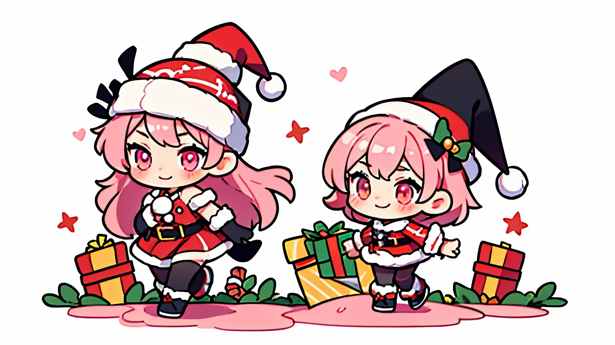 Masterpiece,1 girl, Serina,pink_hair, glove, black_glove, carry_trim, have, Santa Claus_Costume, Christmas, open_mouth, smile, bell, alone, red_hat, tights, white_background, pink_eyes, Santa Claus_have, 