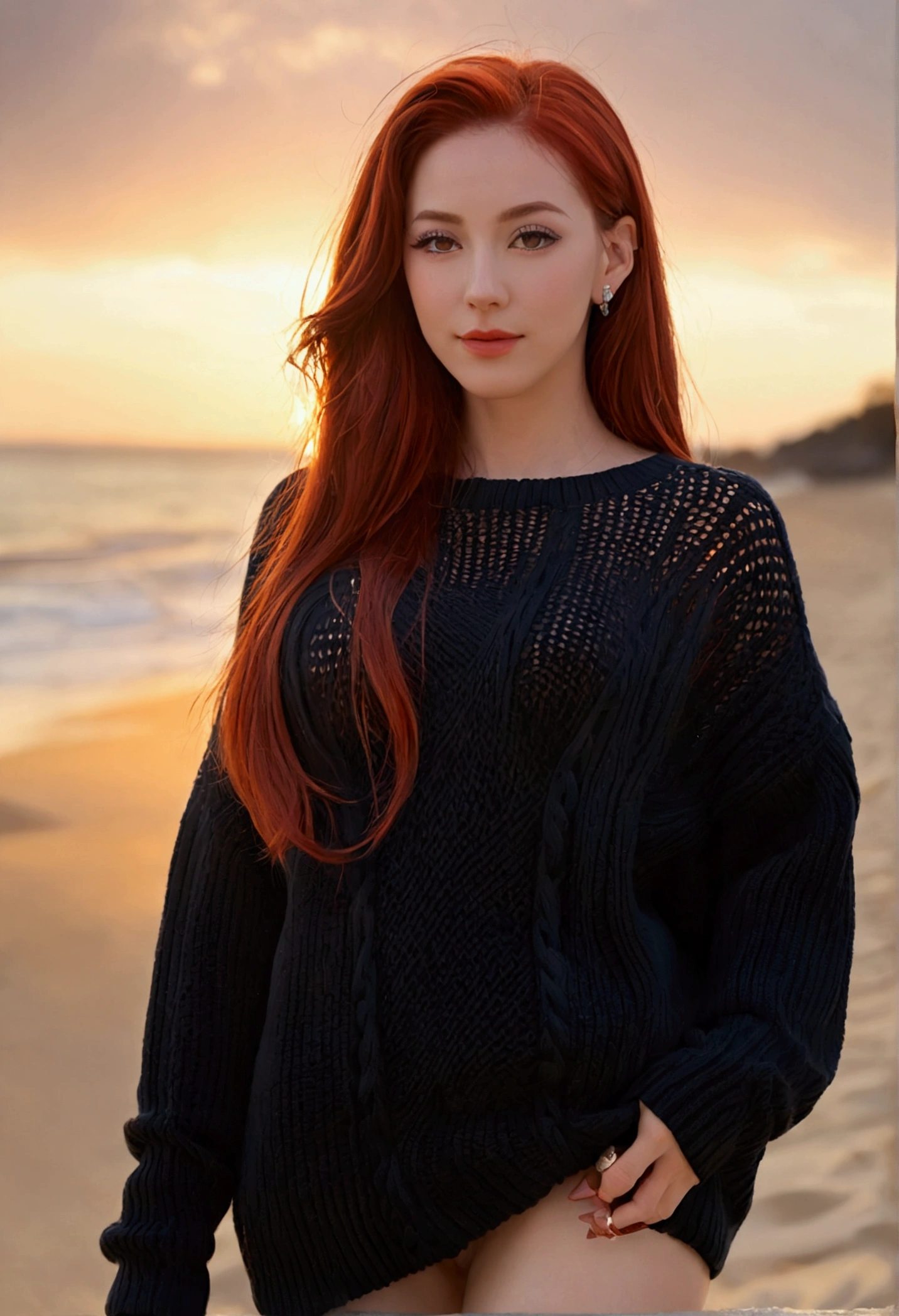 ultra realistic, photography, long red hair, girl, 24 years old, hourglass figure, perfect body, Flirty look, extremely detailed artgerm, in the style artgerm, small breasts, facing the camera, lens 35 mm, blur background, ultra realistic professional full body back camera(((sunrise, black large sweater, ))) (photo 1028k qhd) by (James C. Christensen:1.2|Jeremy Lipking:1.1), (Dittmann Anna:0.3), (jiner:0.3), (mise au point nette:1.3) lndswgnr,High detail, instagram top model,, k eyes,(eye makeup:1.2) sleeping Pose of the Instagram model, perfect button nose, attractive lip shape has an upper-to-lower lip ratio of 1:2, perfect ivory skin confiant, (((anatomycally perfect 25 old ladie hand,finger, nail))),fille en forme Fille maigre et sexy, breast:1.2, anatomie parfaite, Perfect symmetry:1.2, Realstic position, realistic and gorgeous face:1.2, perfect face, highly detailled, confident, ighting cinematic, Lighting scene, soft lights, instagram standing pose (((iFille maigre et sexy, breast:1.2 perfect charming face, attractive lip and nose,(masterpiece:1.3),(best quality:1.2),(absurdres:1.1), (full body:1.1), sexy large sweater, no pants, mgk_akane, covered ears,looking at viewer, (highly detailed face and eyes:1.1),standing at the beach, simple background, charming lovely smile,