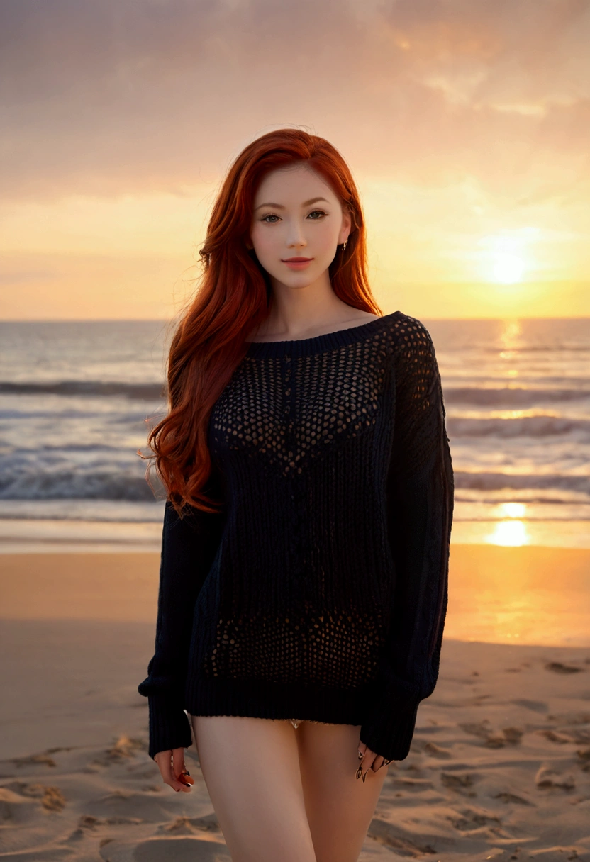 ultra realistic, photography, long red hair, girl, 24 years old, hourglass figure, perfect body, Flirty look, extremely detailed artgerm, in the style artgerm, small breasts, facing the camera, lens 35 mm, blur background, ultra realistic professional full body back camera(((sunrise, black large sweater, ))) (photo 1028k qhd) by (James C. Christensen:1.2|Jeremy Lipking:1.1), (Dittmann Anna:0.3), (jiner:0.3), (mise au point nette:1.3) lndswgnr,High detail, instagram top model,, k eyes,(eye makeup:1.2) sleeping Pose of the Instagram model, perfect button nose, attractive lip shape has an upper-to-lower lip ratio of 1:2, perfect ivory skin confiant, (((anatomycally perfect 25 old ladie hand,finger, nail))),fille en forme Fille maigre et sexy, breast:1.2, anatomie parfaite, Perfect symmetry:1.2, Realstic position, realistic and gorgeous face:1.2, perfect face, highly detailled, confident, ighting cinematic, Lighting scene, soft lights, instagram standing pose (((iFille maigre et sexy, breast:1.2 perfect charming face, attractive lip and nose,(masterpiece:1.3),(best quality:1.2),(absurdres:1.1), (full body:1.1), sexy large sweater, no pants, mgk_akane, covered ears,looking at viewer, (highly detailed face and eyes:1.1),standing at the beach, simple background, charming lovely smile,