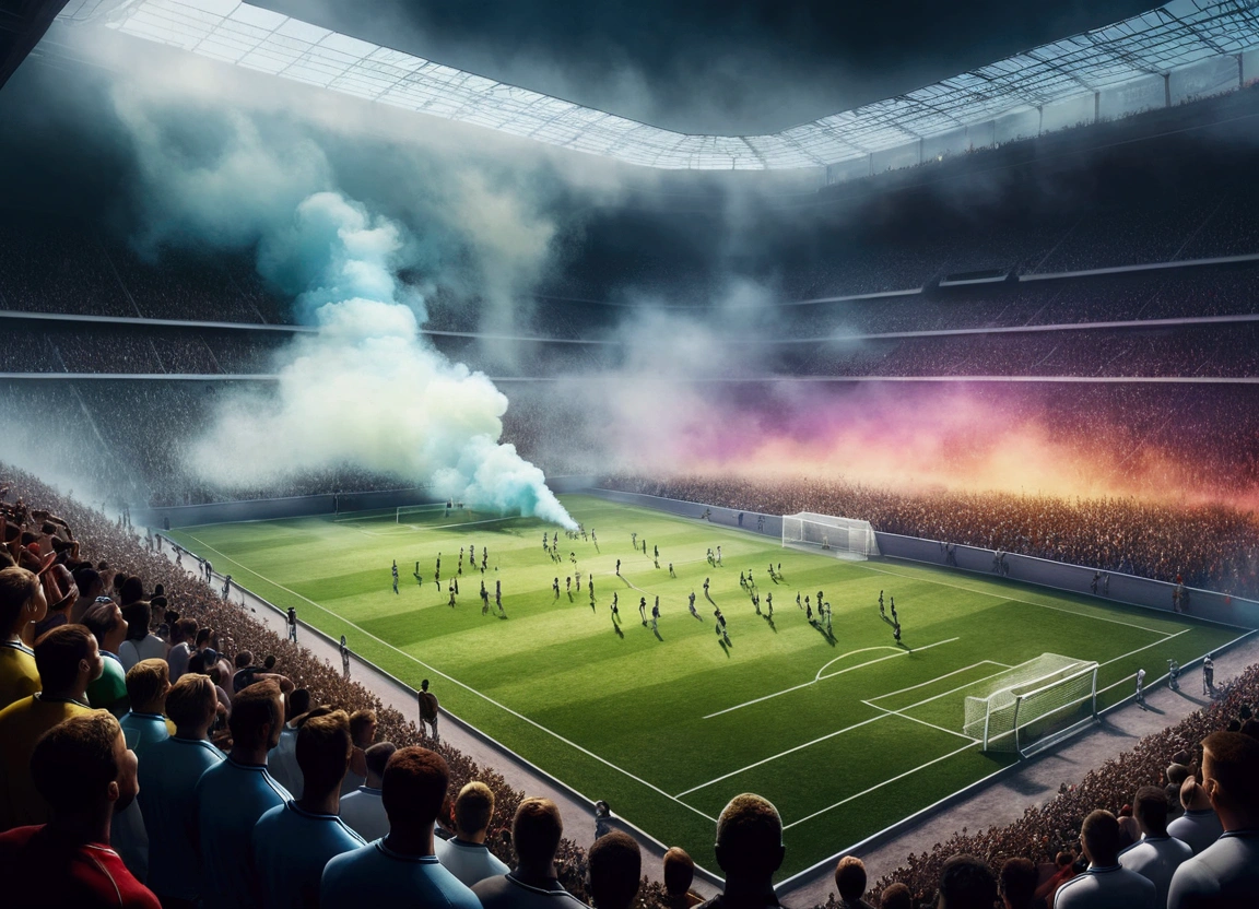 Create a view from inside the football field., The players looked at the crowd., realistic crowd, colors, smoke fog, Point of interest
