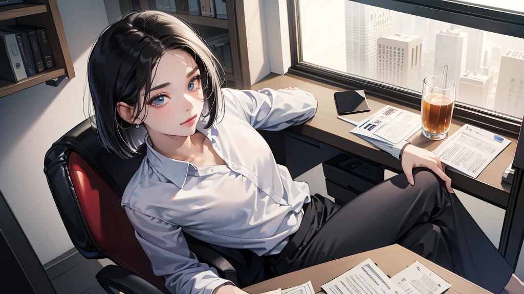 (perfect anatomy:1.2)(absurdres, highres, ultra detailed),masterpiece,best quality,high resolution,8k,Realistic face,Realistic skin texture,magnified textures, stunning clarity,detailed anime girl,(ultra detailed eyes and face),(1 girl:1.2)21years old,she is office worker,,smile:1.2,black hair, bob cut,natural make,grey jacket and pants,black brouse,,sparkling eyes.small nose,roundface,office,sitting at her desk,Looking at the VIEWER with the expression of a maiden in love
