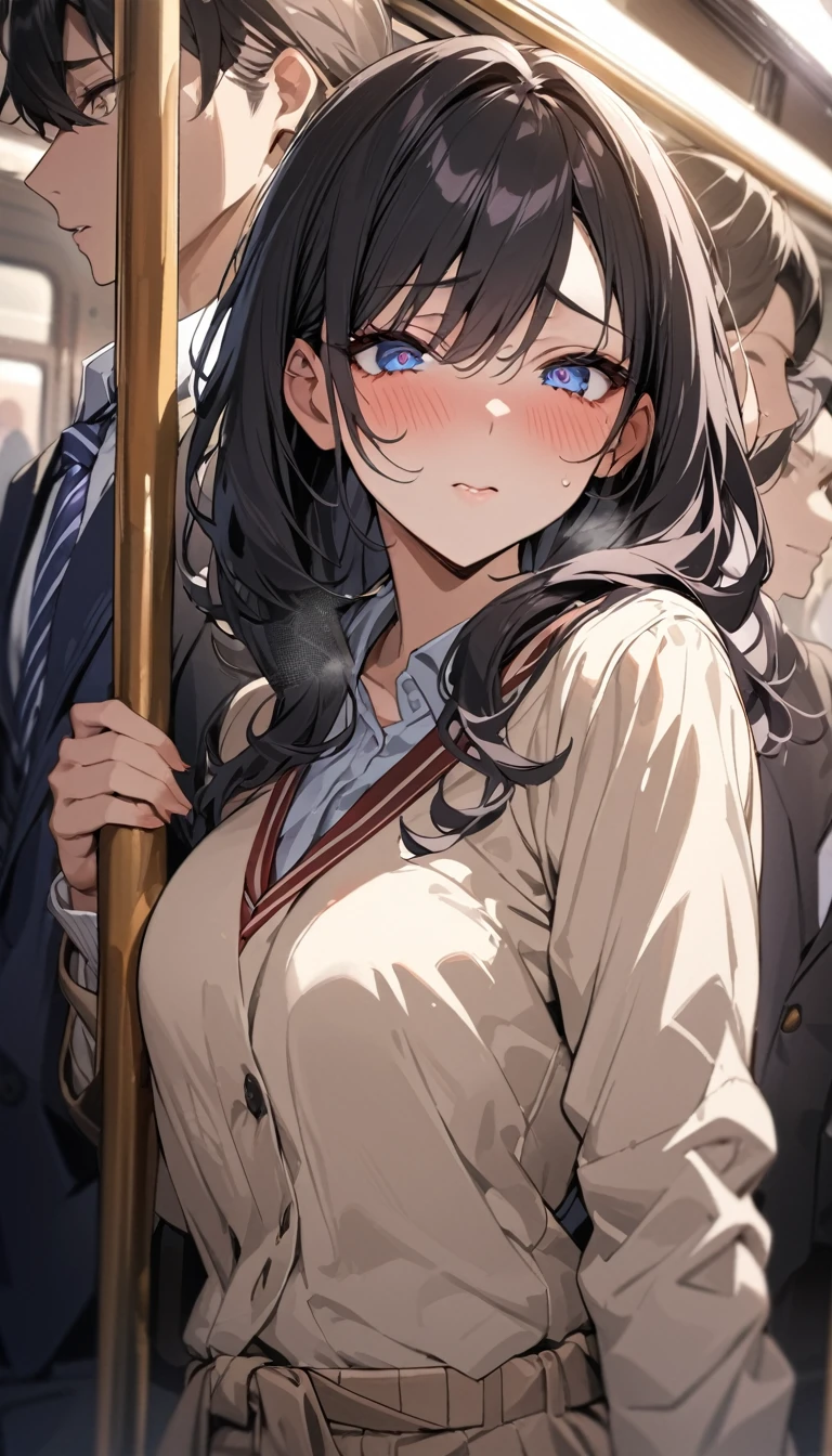 masterpiece, High resolution, perfect face, Japan beauties, 30 years old, beautiful face, in the crowded train, high school student, embarrassed look, look at the camera, (top quality eyes), detailed texture, Look at me, Married woman, cool women, ((high resolution eyes)), hentai