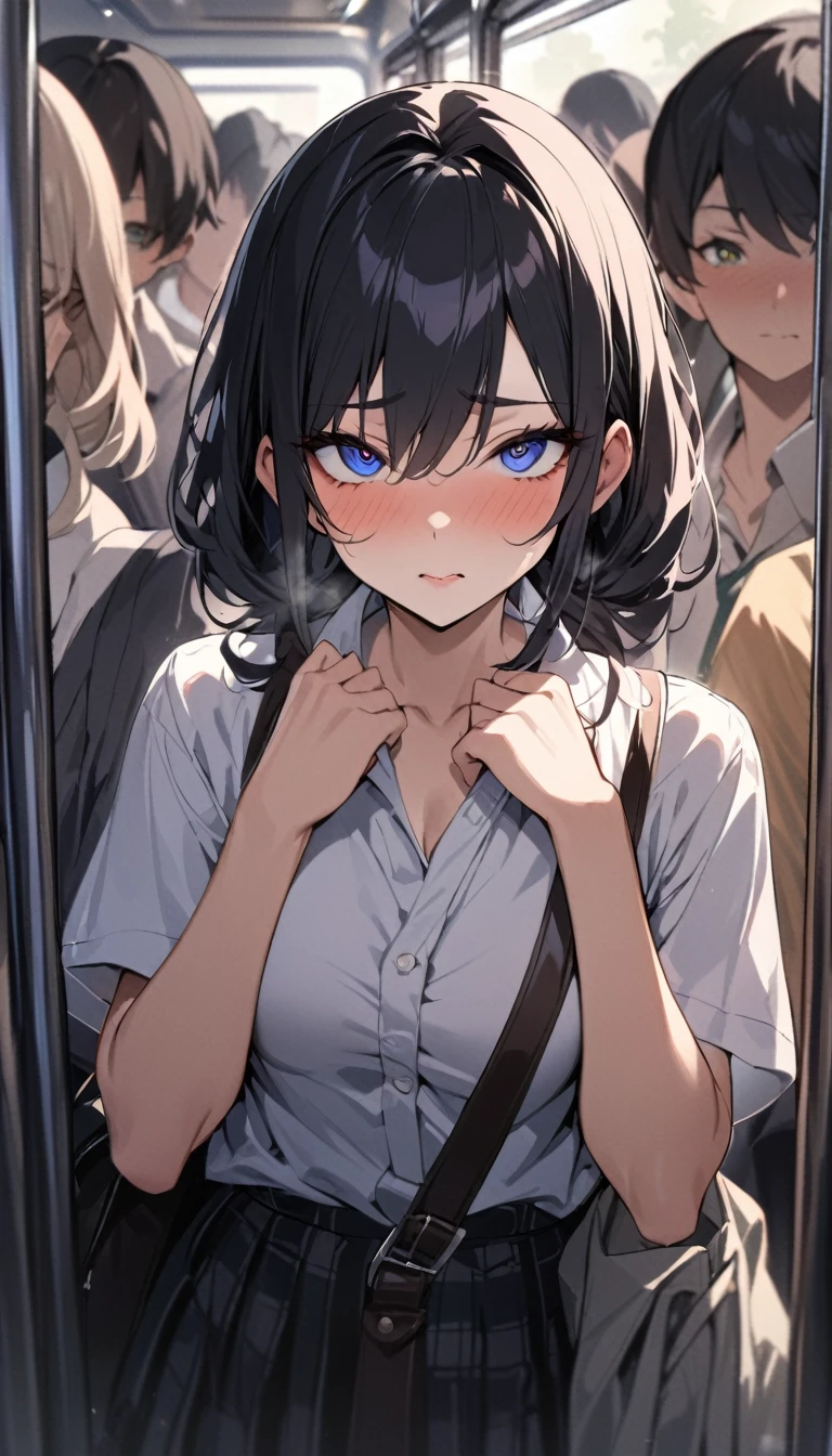 masterpiece, High resolution, perfect face, Japan beauties, 30 years old, beautiful face, in the crowded train, high school student, embarrassed look, look at the camera, (top quality eyes), detailed texture, Look at me, Married woman, cool women, ((high resolution eyes)), hentai