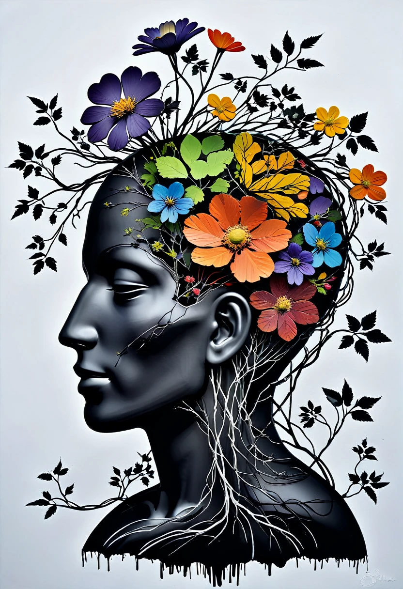 a silhouette of the outline of the brain blooming with vines and flowers by (tim burton:1.002) , rich detail, floral brain, vegetation, leave and blossoms, anatomy, vibrant, acrylc painting, wide brush strokes, colorful, (miyazaki style:0.7), colourful, autumn colors. positive vibes. (erin hansen style:1.2),((bw:-1.5), fair skin:1.3, bones:-1