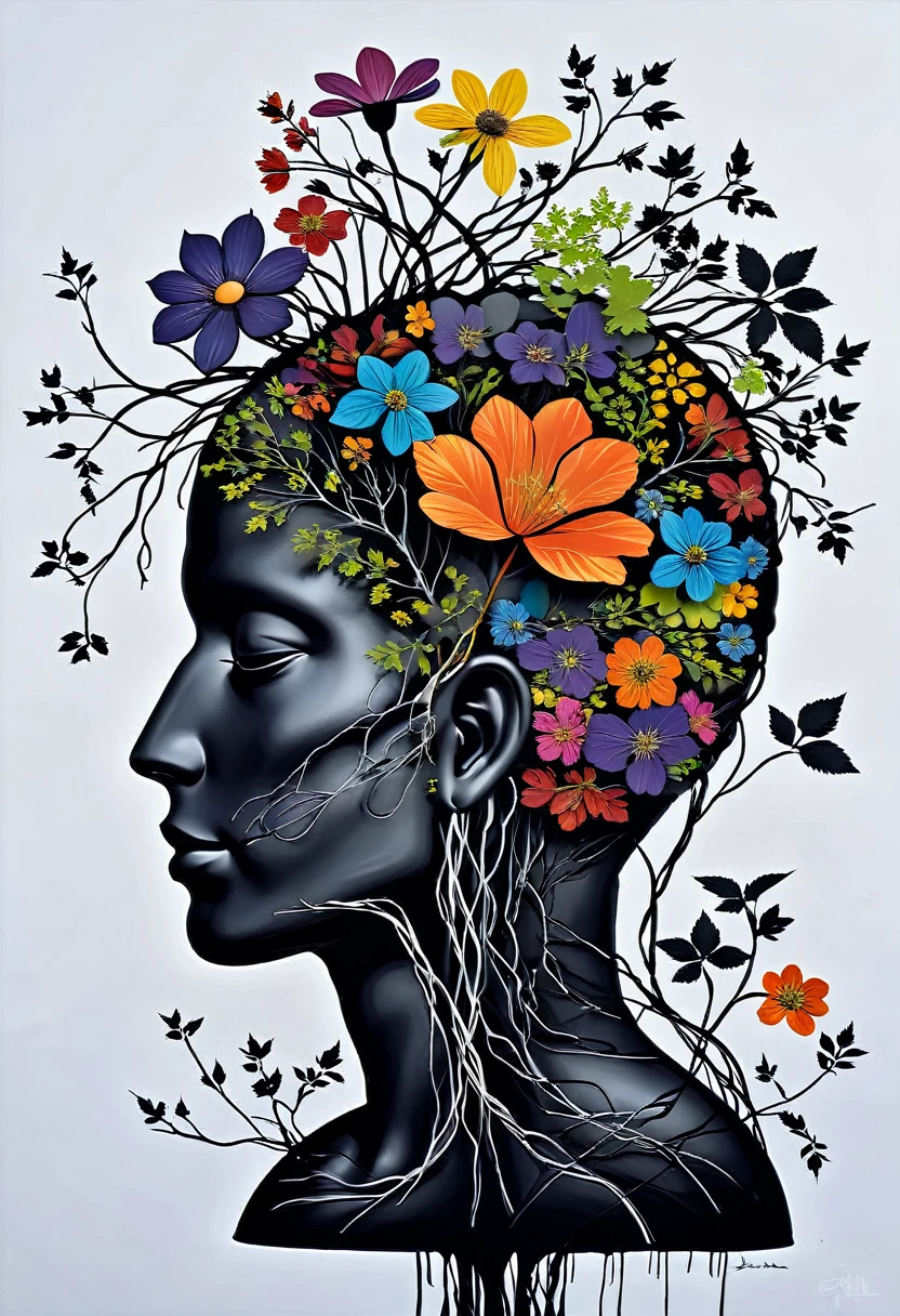 a silhouette of the outline of the brain blooming with vines and flowers by (tim burton:1.002) , rich detail, floral brain, vegetation, leave and blossoms, anatomy, vibrant, acrylc painting, wide brush strokes, colorful, (miyazaki style:0.7), colourful, autumn colors. positive vibes. (erin hansen style:1.2),((bw:-1.5), fair skin:1.3, bones:-1