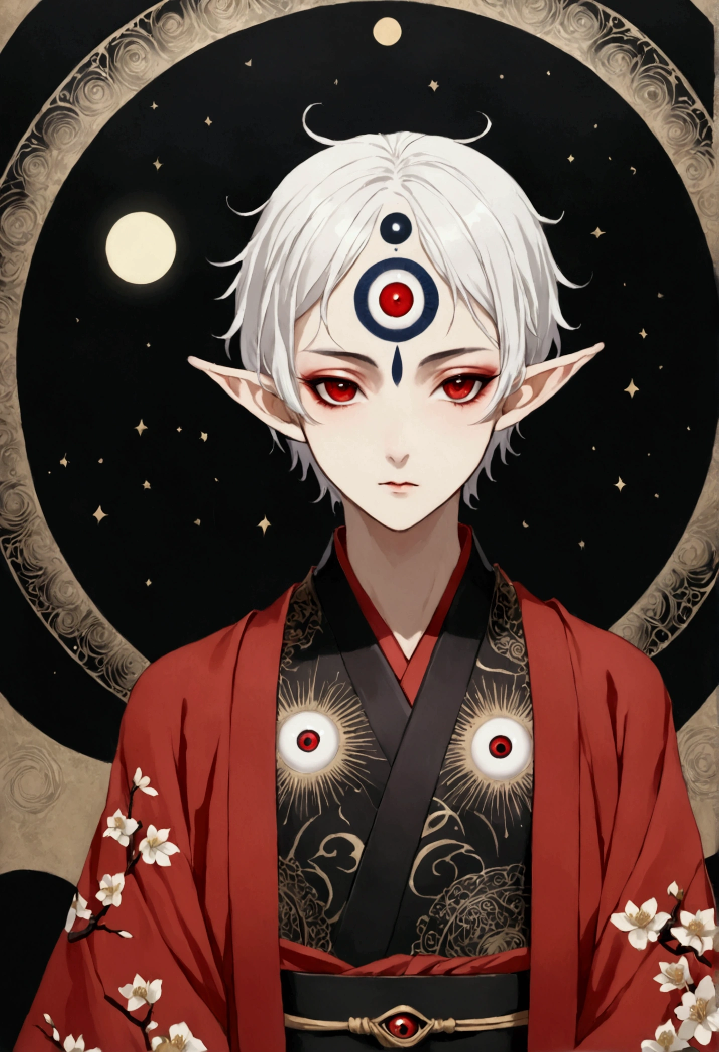 Japanese Anime,Gothic Art,(((1 Boy,独奏,third eye on the forehead,Dark eyeshadow.Middle-parted white hair-super short hair,Elf ears))),(((Gorgeous Japanese red kimono:1.6,Eye Diagram,Dark Pattern))).(((Thin waist,Greenbelt:1.37)))