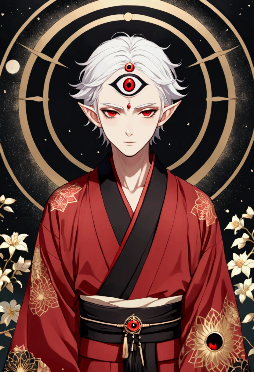 Japanese Anime，Gothic Art，(((1 Boy，独奏，third eye on the forehead，Dark eyeshadow.Middle-parted white hair-super short hair，Elf ears))),(((Gorgeous Japanese red kimono：1.6，Eye Diagram，Dark Pattern))).(((Thin waist，Greenbelt：1.37)))