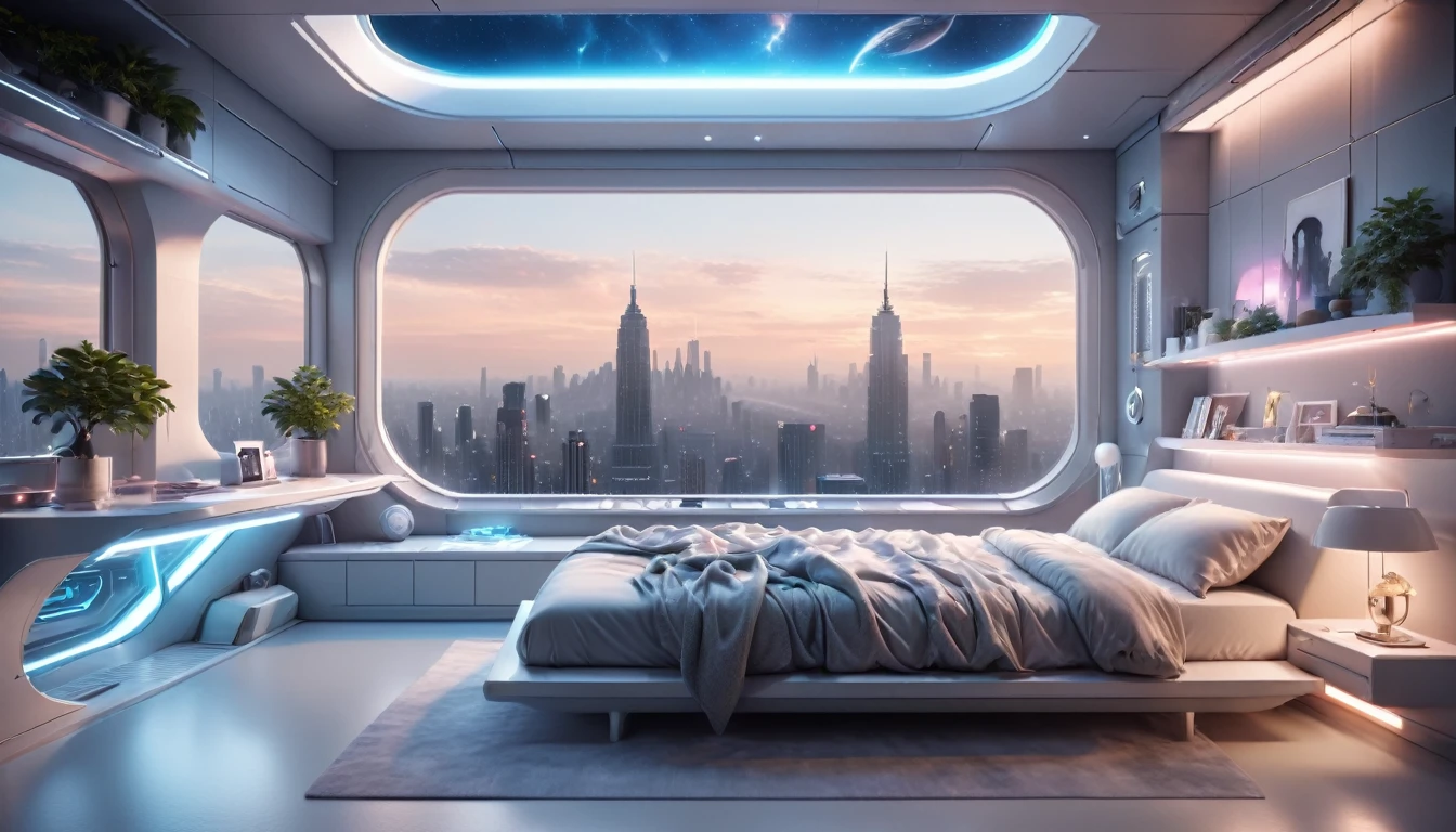 There is one glass wall.、Overlooking the high-tech, high-rise city、Science High Tech Bedroom Interior Design, Shelves lined with books, Floating Nightstand, Windowsill with pillows, Plant Couple, Inside the Penthouse, Pastel and grey color palette, (Spaceship Style), Soft diffused light in the early morning, Ultra-wide shot, Cinematic, exquisite composition and lighting, Minimal, Exquisitely crafted, Rich Shadows, 3D Rendering, Highest quality, 最High resolution, 8K Ultra HD, High resolution, 35mm