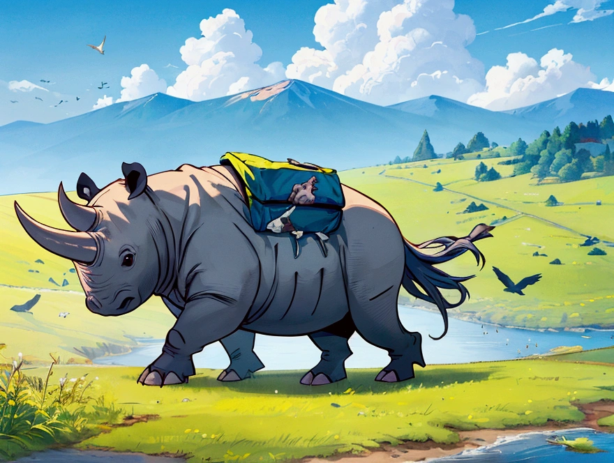 (illustration, best quality, masterpiece, official art:1.1), rhino, grass floor, birds in sky, blue sky, landscape, focus and zoom on rhino