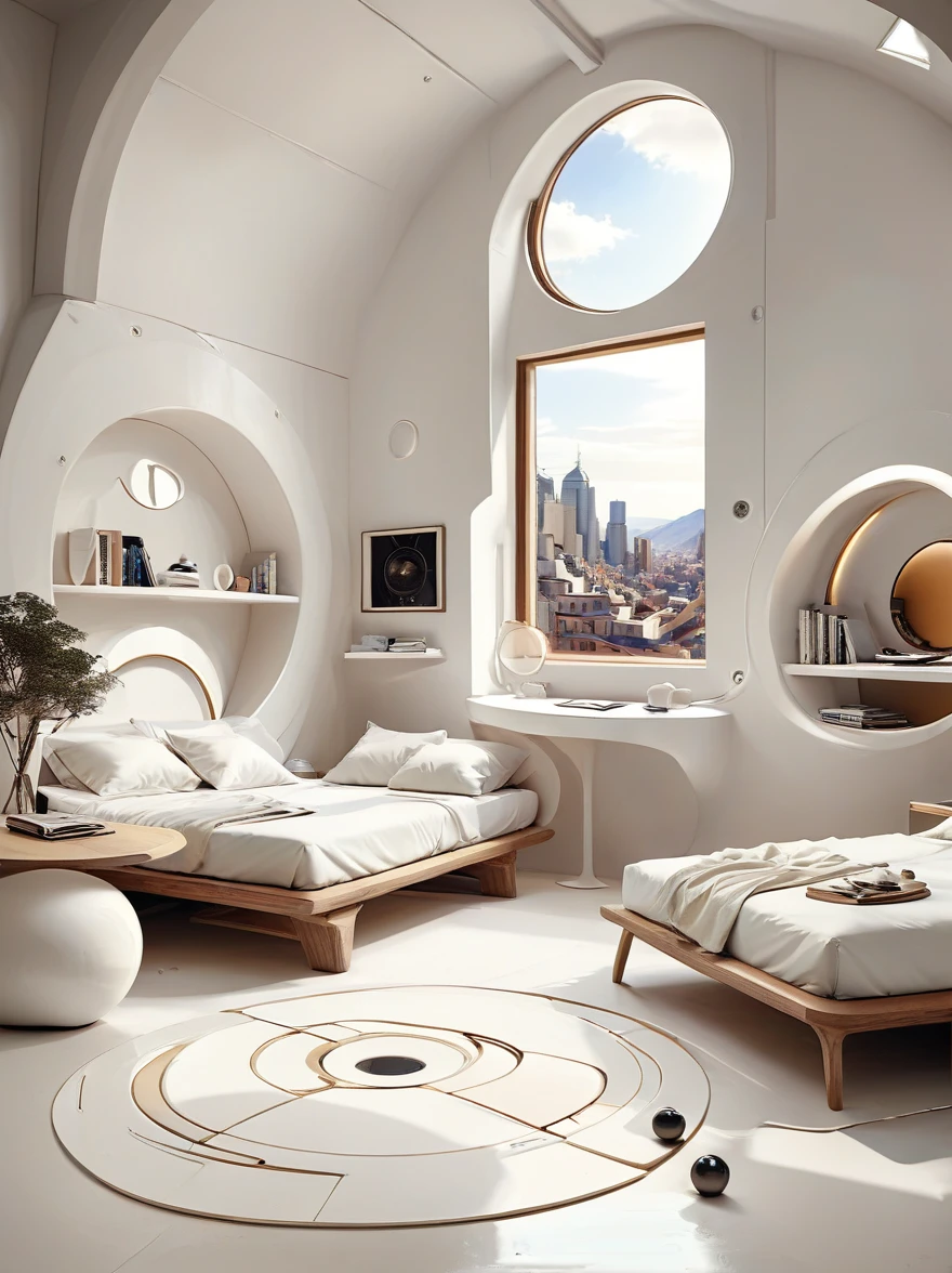 Futuristic home bedroom study concept incorporates organic fluidity、Circles and geometric shapes，Use your artistic imagination to draw houses and landscapes, Pure white technology style，Wide々A spacious interior, wabi-sabi style.