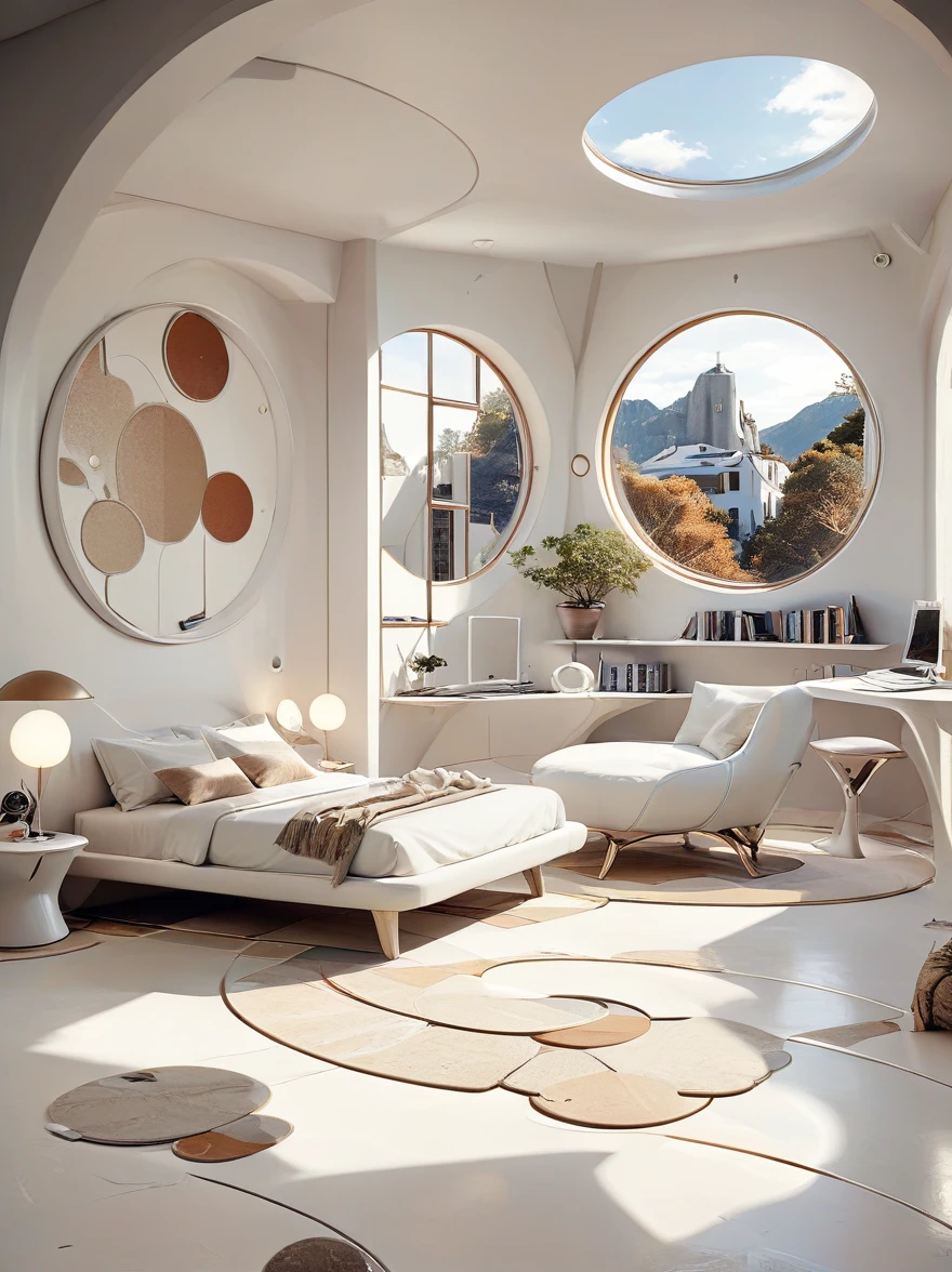 Futuristic home bedroom study concept incorporates organic fluidity、Circles and geometric shapes，Use your artistic imagination to draw houses and landscapes, Pure white technology style，Wide々A spacious interior, wabi-sabi style.