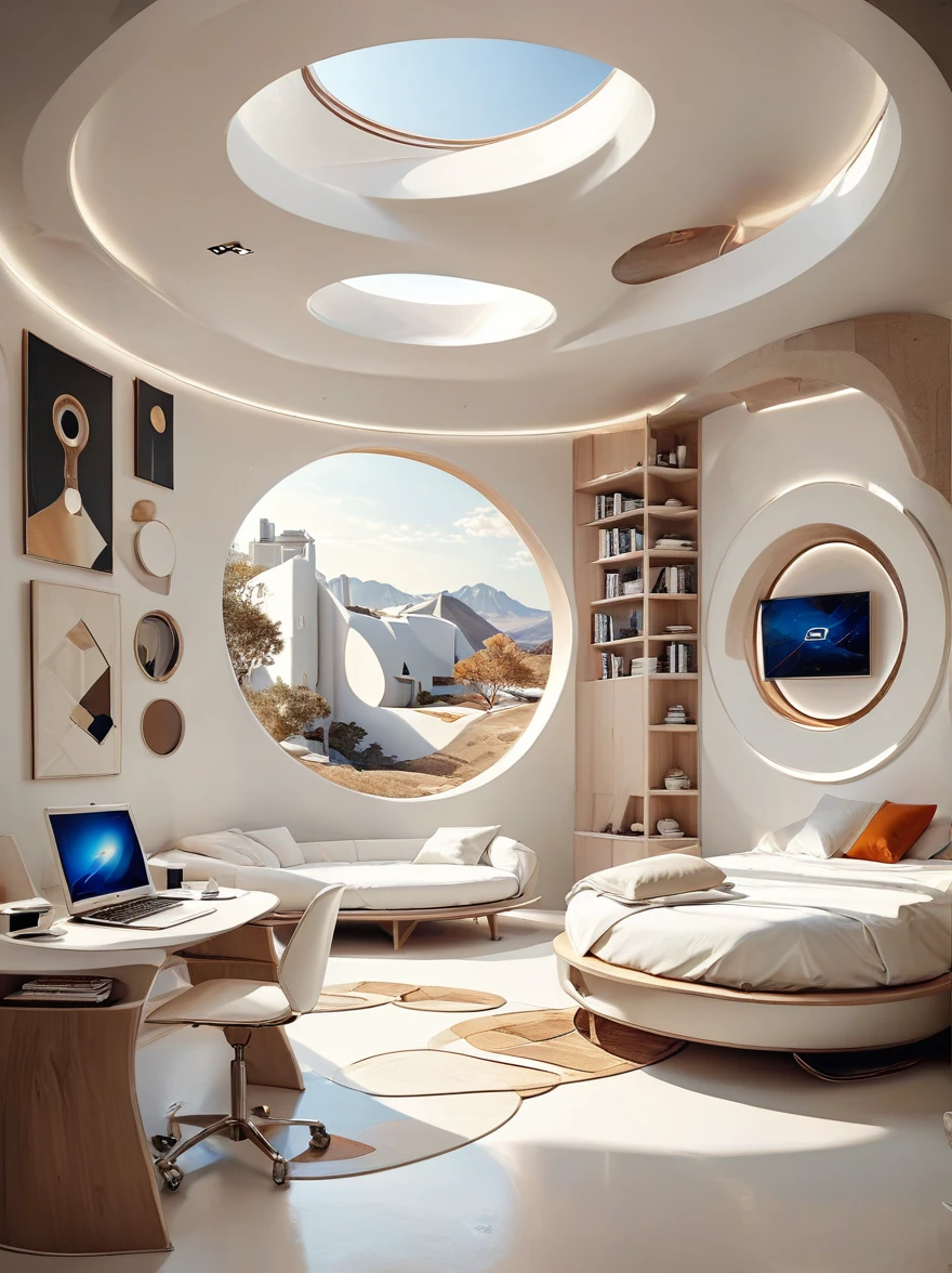 Futuristic home bedroom study concept incorporates organic fluidity、Circles and geometric shapes，Use your artistic imagination to draw houses and landscapes, Pure white technology style，Wide々A spacious interior, wabi-sabi style.