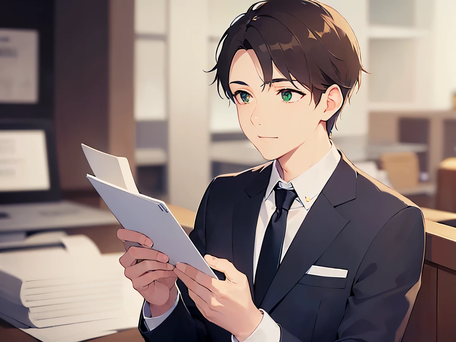 (looking away:1.5),(27 year old male:1.5),(Brown short hair),(Green Eyes),BREAK(Wearing a suit:1.5) and (Blue tie)BREAK,(light smile),The background is the company break room.,Alone