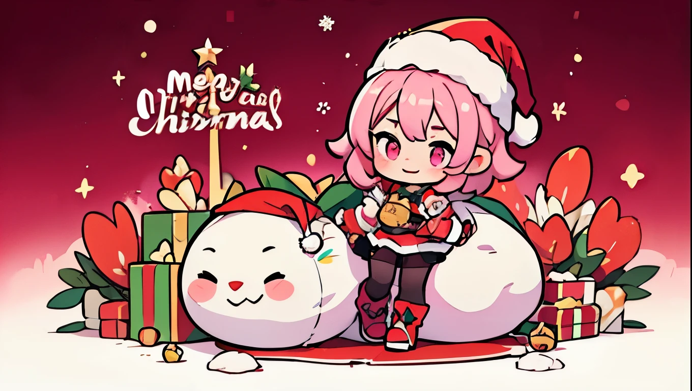 Masterpiece,1 girl, Serina,pink_hair, glove, black_glove, carry_trim, have, Santa Claus_Costume, Christmas, open_mouth, smile, bell, alone, red_hat, tights, white_background, pink_eyes, Santa Claus_have,