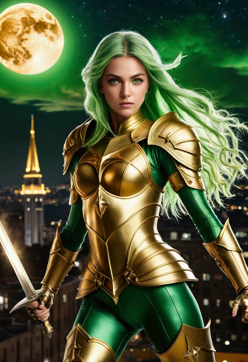 (masterpiece, 4K resolution, surreal, very detailed), (Theme of the Knights of the Zodiac, charismatic, There's a girl at the top of the city, Sagittarius knight in golden armor, she's a superhero), [ ((20 years), (long green hair:1.2), whole body, (green eyes:1.2), ((fighting pose),A show of strength), ((sandy urban environment):0.8)| (cityscape, At night, dynamic lighting), (full moon))
