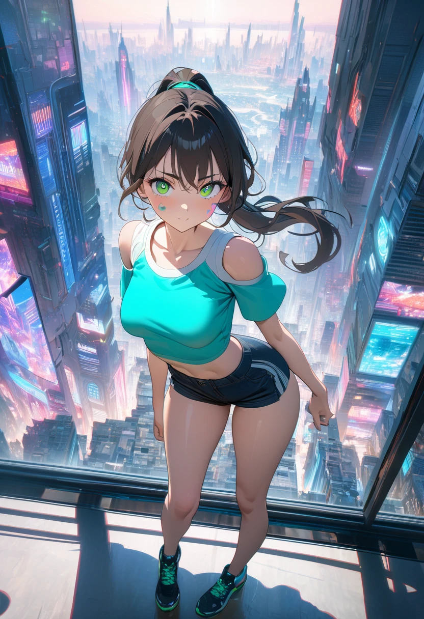 ((Best quality, 8K, masterpiece:1.5)), (anime style, ultra-detailed, vibrant colors:1.4),
1 anime girl, large expressive green eyes, long flowing dark hair tied in a ponytail,
slim waist, soft and kind facial expression,
camera angle from the side showing full body,
wearing ultra-short top and mini shorts,
confident stance, standing by a large window,
background: futuristic cityscape with towering skyscrapers, bright neon lights, advanced architecture,
bright natural lighting from the window, ultra-textured skin and hair,
highly detailed facial features, eyes reflecting light, soft shadows,
realistic hair strands, delicate highlights on the skin,
focus on the character with slightly blurred cityscape in the background