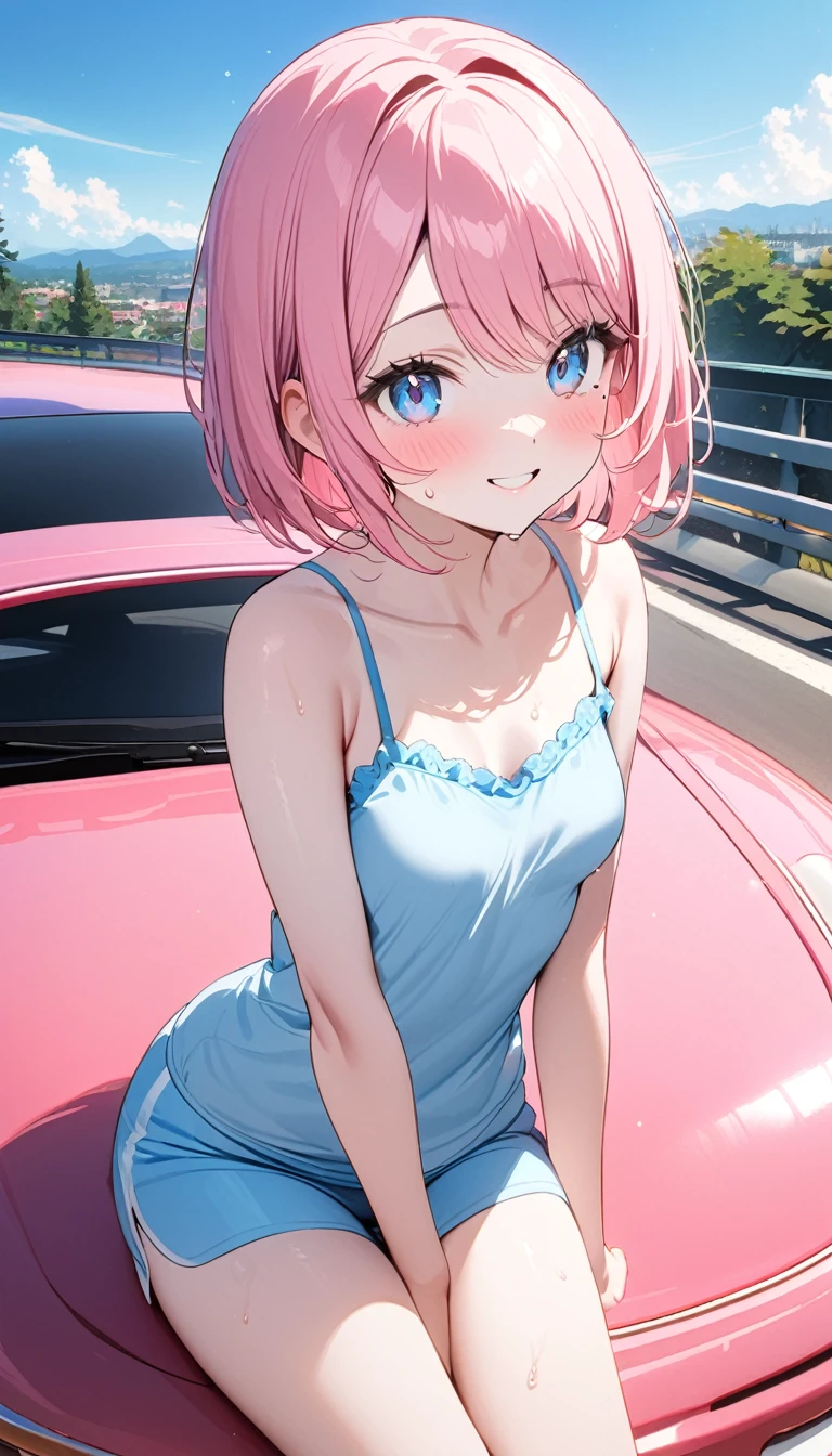 (1 girl),(Best Picture Quality, 8K, Masterpiece:1.3), (high school student:1.5), ((pink lob hair:1.1)), (bob cut),(swept bangs), (cute eyes, pupil black, iris skyblue, youthful face), (mole under right eye), (standard weight), (small breasts), (glistening skin:1.1),(pale skin:1.2),((camisole, hot pants)),(Smile),(sweat),((Ride a pink car)),((magnificent view:1.3)),
