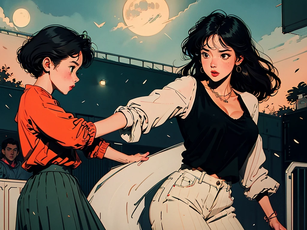 2D illustration, anime, Manga style ,Spain,,Latin,Beautiful woman dancing in the moonlight at night outdoors ,South American Festivals, 4K, Illuminated,