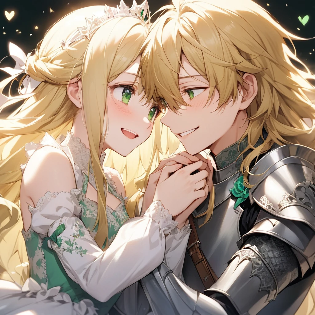 #Two people#16age、(黒髪Green Eyes、Beautiful Knight),(Blond, fluffy, long hair、Green Eyes、A princess in a delicate and beautiful dress)、close、They put their faces together and laugh