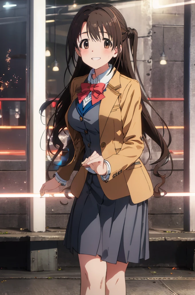 shimamura uzuki  (Idol Master), (Highest quality, 8k, masterpiece, Very detailed:1.2), (Lens flare, Particles of light, Shine), Big Breasts, smile, Open your mouth, masterpiece, Highest quality, Very detailed, High resolution, Very detailedなCG, , Red bow tie, blazer, Brown jacket, Long sleeve, Check skirt, Red Skirt , Embarrassing:1.1), (blush:1.2), (orgasm:1.2), Open your mouth, (shout:1.1), (Moving lines:1.1), masterpiece, Highest quality, Very detailed, High resolution, Very detailedなCG, Official Art