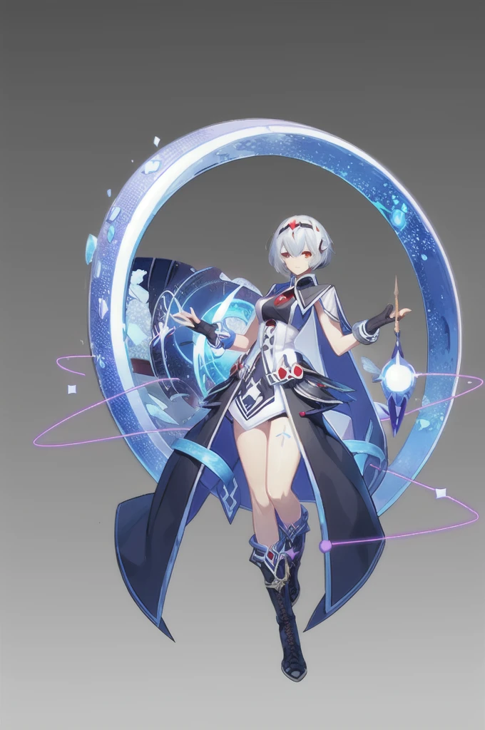 magic, Two-dimensional culture, western clothing style, original character design, game characters, 1girl, solo, full body, looking at viewer, floating, hairband, grey background, magic circle, short hair, red eyes, gloves, boots, white hair, floating object, breasts, bangs