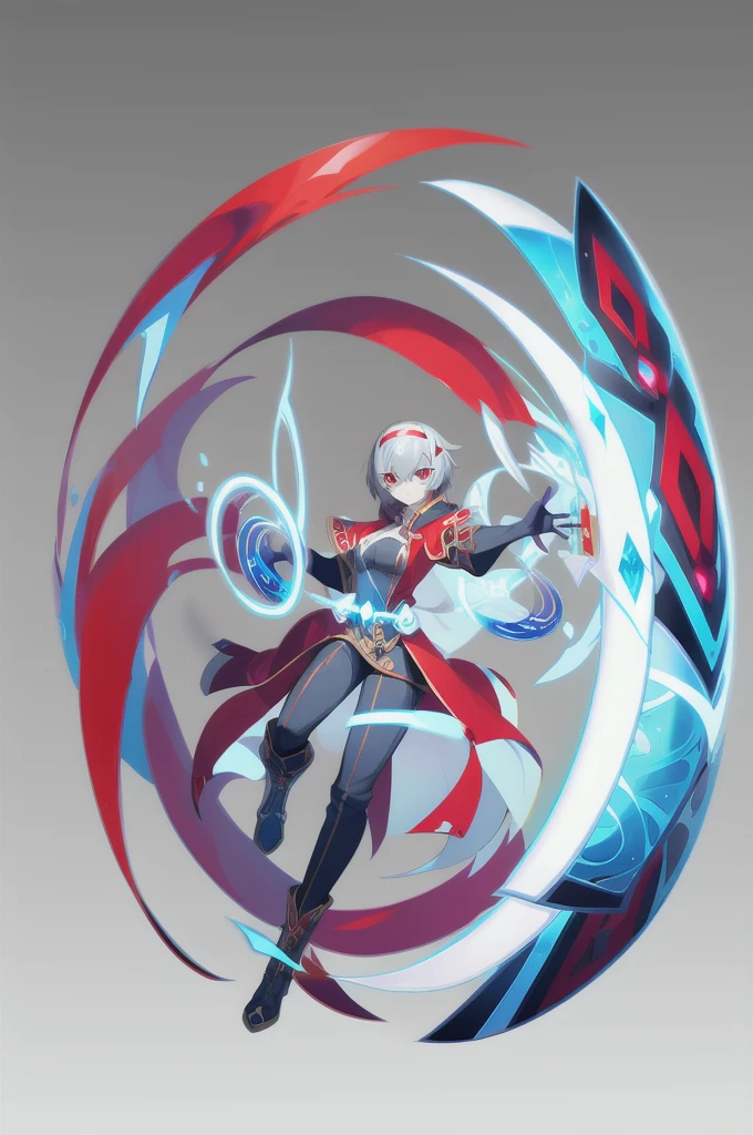 magic, Two-dimensional culture, western clothing style, original character design, game characters, 1girl, solo, full body, looking at viewer, floating, hairband, grey background, magic circle, short hair, red eyes, gloves, boots, white hair, floating object, breasts, bangs