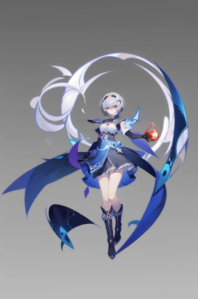 magic, Two-dimensional culture, western clothing style, original character design, game characters, 1girl, solo, full body, looking at viewer, floating, hairband, grey background, magic circle, short hair, red eyes, gloves, boots, white hair, floating object, breasts, bangs