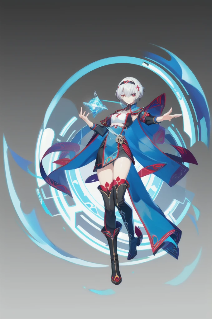 magic, Two-dimensional culture, western clothing style, original character design, game characters, 1girl, solo, full body, looking at viewer, floating, hairband, grey background, magic circle, short hair, red eyes, gloves, boots, white hair, floating object, breasts, bangs