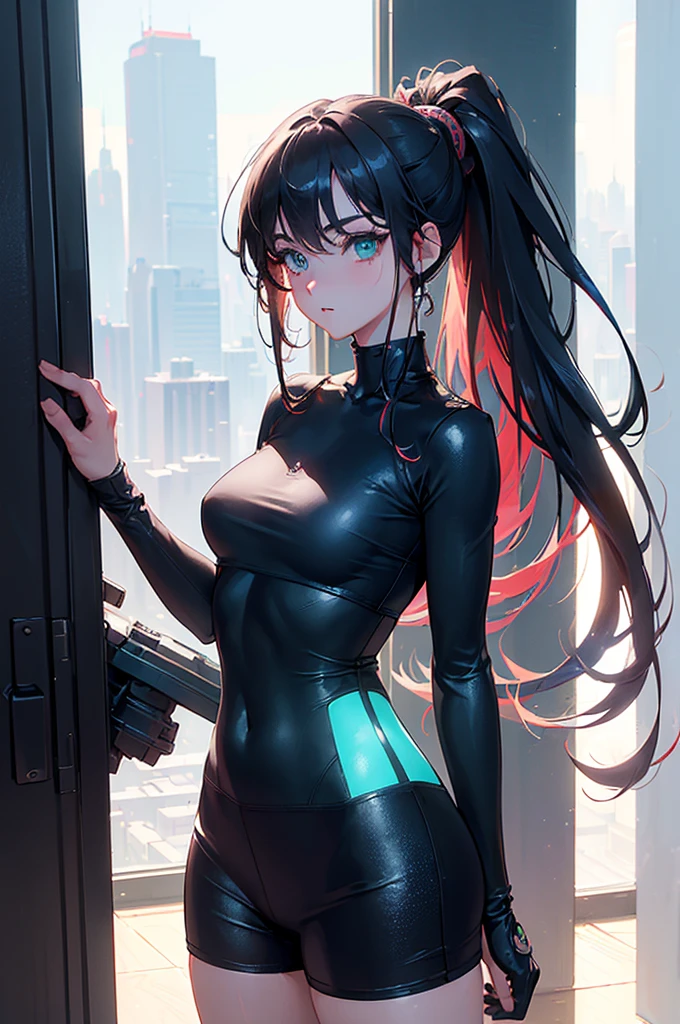 ((Best quality, 8K, masterpiece:1.5)), (anime style, ultra-detailed, vibrant colors:1.4),
1 anime girl, large expressive green eyes, long flowing dark hair tied in a ponytail,
slim waist, soft and kind facial expression,
camera angle from the side showing full body,
wearing ultra-short top and mini shorts,
confident stance, standing by a large window,
background: futuristic cityscape with towering skyscrapers, bright neon lights, advanced architecture,
bright natural lighting from the window, ultra-textured skin and hair,
highly detailed facial features, eyes reflecting light, soft shadows,
realistic hair strands, delicate highlights on the skin,
focus on the character with slightly blurred cityscape in the background