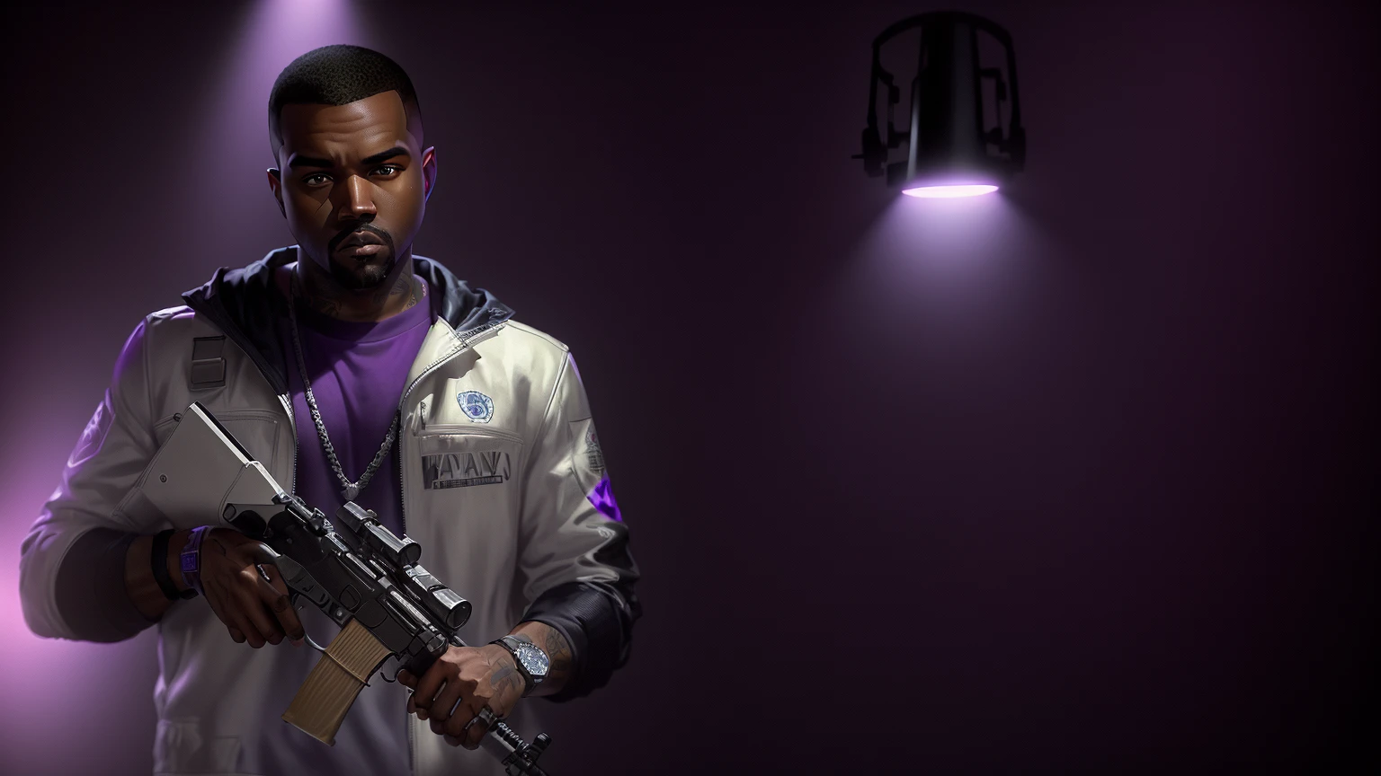 blurred image of a man holding a gun under a purple light, Kanye West em GTA V, Drake no GTA V, as the protagonist of gta 5, gta character, gta character v, gta loading screen art, GTA5 cover with 2D game art, like a GTAV character, Jesse Pinkman em GTA V, gta loading screen, gta v loading screen