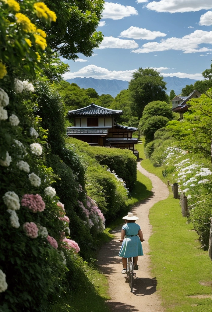 A beautiful countryside scene with a clear, bright blue sky filled with fluffy white clouds. Majestic mountains rise in the background, covered with lush green trees and vegetation. In the foreground, a narrow dirt path winds through vibrant green fields dotted with colorful flowers, leading to a small stream that flows alongside the path. A woman dressed in a light summer dress and a wide-brimmed hat rides a bicycle along the path, carrying a basket. Traditional Japanese-style houses are scattered throughout the landscape, blending harmoniously with the natural surroundings. The overall atmosphere is serene and idyllic, capturing the essence of a peaceful rural life