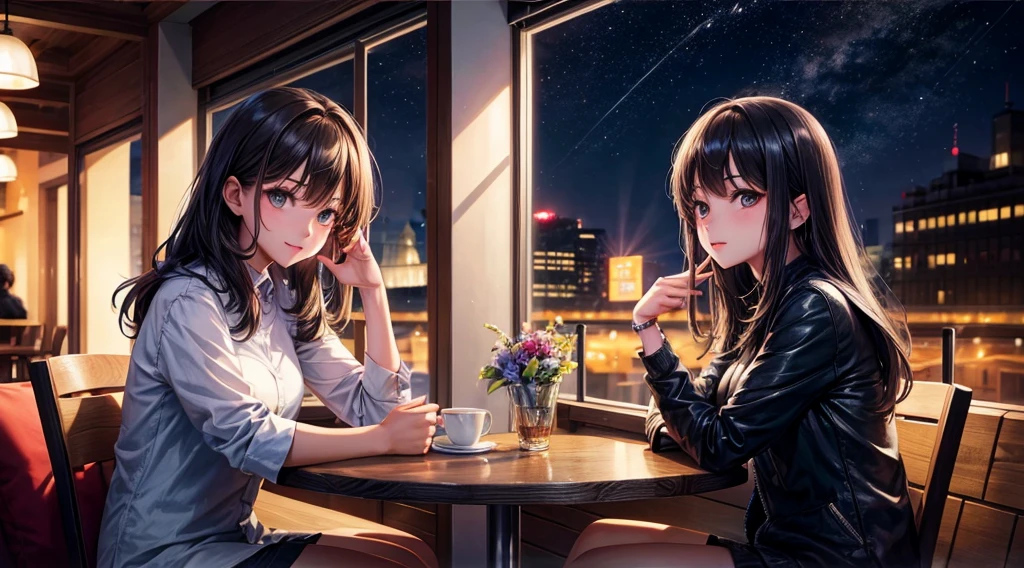 (Original photo, Highest quality), 1 girl, Lisa, night,Cafe, relax, Satosh Khan&#39;Art Style,arms behind back