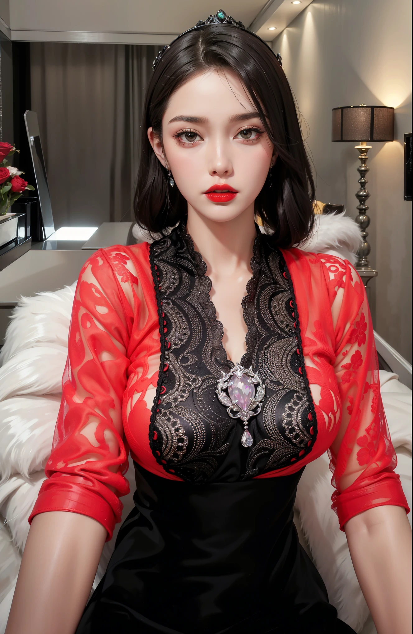 Game Art,Best image quality,Maximum resolution,8K,(A bust photo),(portrait),(Head close-up),(Rule of Thirds),Unreal Engine 5 rendering works,20 year old girl,((Queen)),The eyes are very detailed,(Large Breasts),Elegant and noble,light,Ray Tracing,Game CG,((3D Unreal Engine)),OC rendering reflection mode,4K,Ultra-clear,Sensual,Translucent lace,Fair and plump figure,Pretty Face,Glossy Gel Coat,身着华贵礼服的Queen,Crystal Gem Crown,Necklace jewelry,blue eyes,The tattoo is very three-dimensional,Gorgeous and intricate tattoo designs,Ultra-clear portrait,Sexy thick lips(Red lipstick),Gorgeous clothing,
