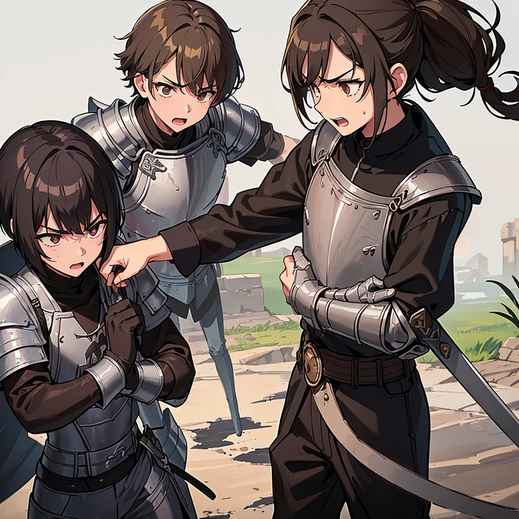((((盾をGet Ready))))、Best illustrations、Best Quality、(((Simple grey armor、Black trousers、Black gloves、Short Hair、Brown Hair、20 year old man、20 women)))、(((Grab the sword、Get Ready)))、(Old ruins、desert。Grass)、Fall to the floor、(Black, muddy swamp)、(仮面の中世の騎士が10 people)、(get annoyed、Open your mouth、Get angry)、(lots of medieval knights、10 people)、battlefield、(White background)