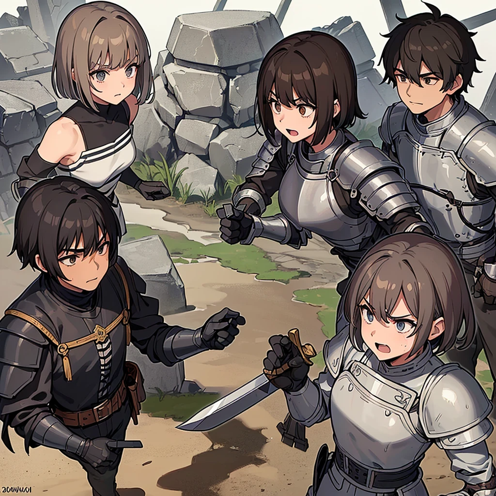 ((((盾をGet Ready))))、Best illustrations、Best Quality、(((Simple grey armor、Black trousers、Black gloves、Short Hair、Brown Hair、20 year old man、20 women)))、(((Grab the sword、Get Ready)))、(Old ruins、desert。Grass)、Fall to the floor、(Black, muddy swamp)、(仮面の中世の騎士が10 people)、(get annoyed、Open your mouth、Get angry)、(lots of medieval knights、10 people)、battlefield、(White background)