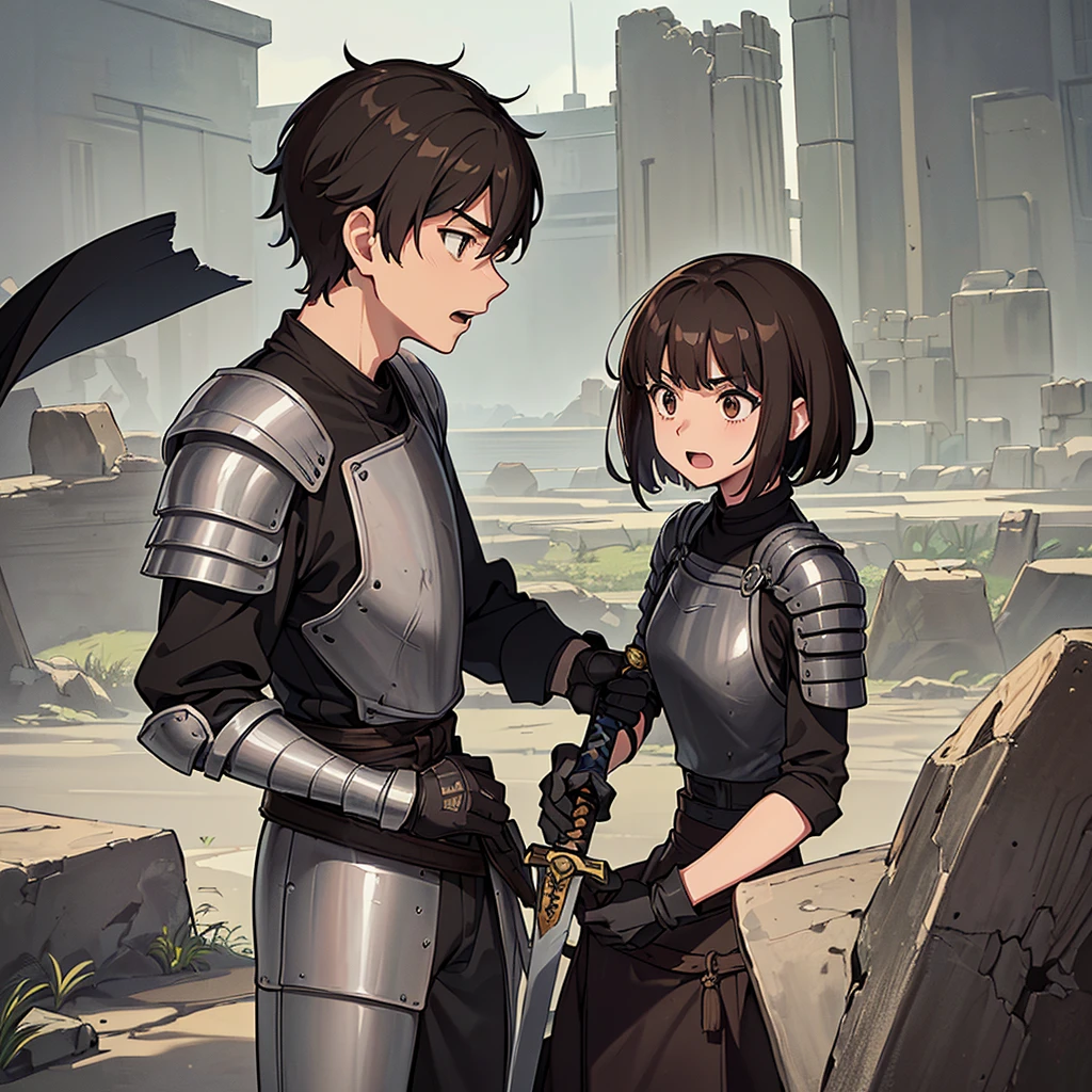 ((((盾をGet Ready))))、Best illustrations、Best Quality、(((Simple grey armor、Black trousers、Black gloves、Short Hair、Brown Hair、20 year old man、20 women)))、(((Grab the sword、Get Ready)))、(Old ruins、desert。Grass)、Fall to the floor、(Black, muddy swamp)、(仮面の中世の騎士が10 people)、(get annoyed、Open your mouth、Get angry)、(lots of medieval knights、10 people)、battlefield、(White background)