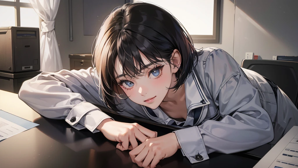 (perfect anatomy:1.2)(absurdres, highres, ultra detailed),masterpiece,best quality,high resolution,8k,Realistic face,Realistic skin texture,magnified textures, stunning clarity,detailed anime girl,(ultra detailed eyes and face),(1 girl:1.2)21years old,she is office worker,,smile:1.2,black hair, bob cut,natural make,grey jacket and pants,black brouse,,sparkling eyes.small nose,roundface,office,sitting at her desk,Looking at the VIEWER with the expression of a maiden in love